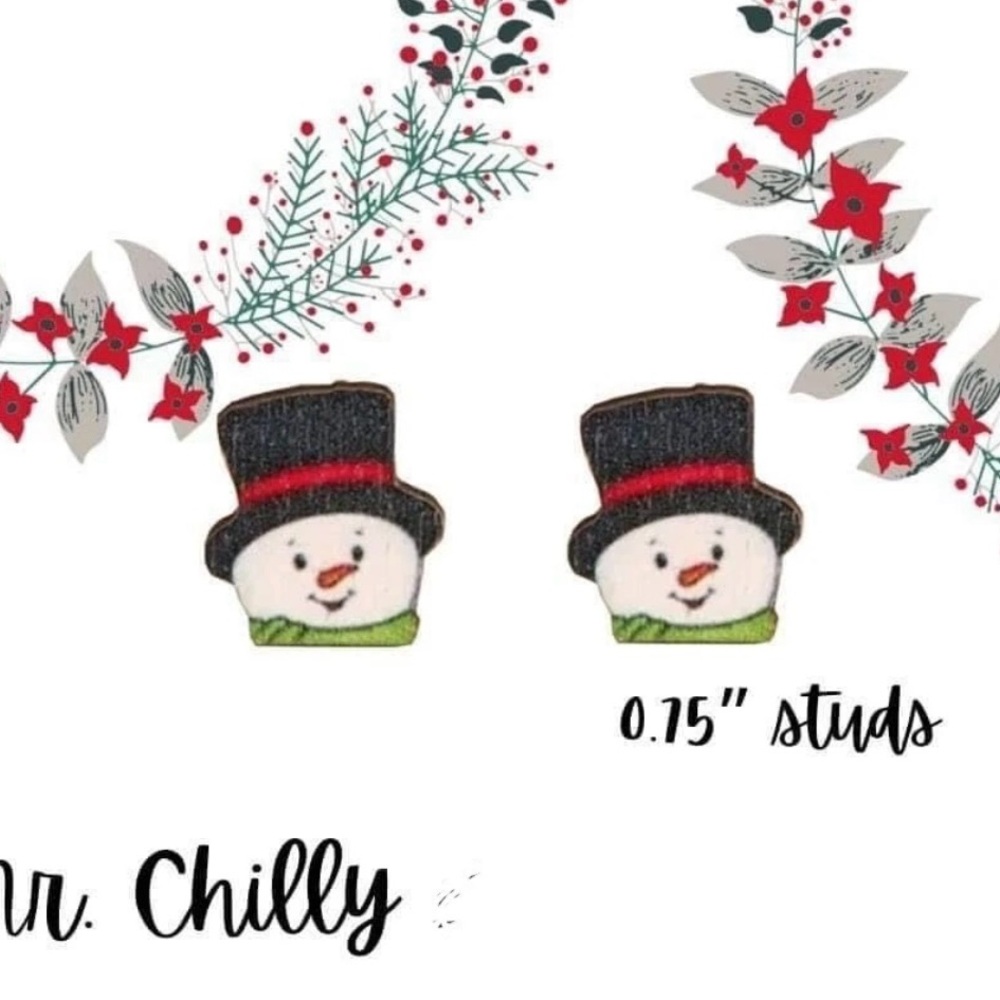 Plunder Mr Chilly Snowman Stud Earrings - Black and White Frosty Earrings